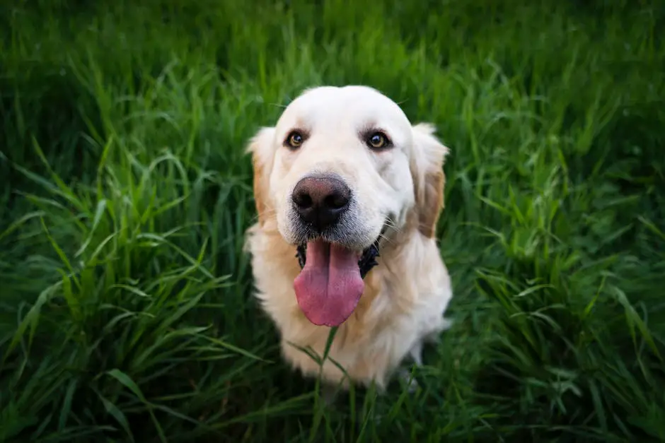 A golden retriever dog sitting on a green grass field, looking directly at the camera