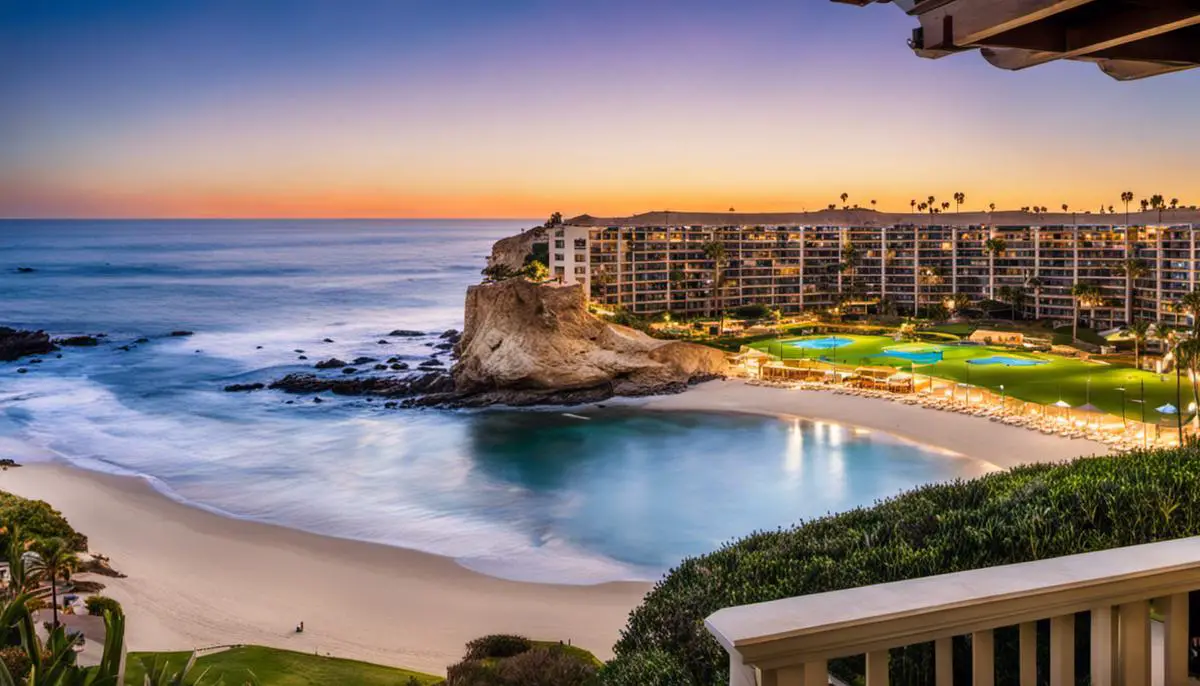A panoramic view of the La Jolla Beach & Tennis Club, showcasing the beautiful coastline and the resort's facilities