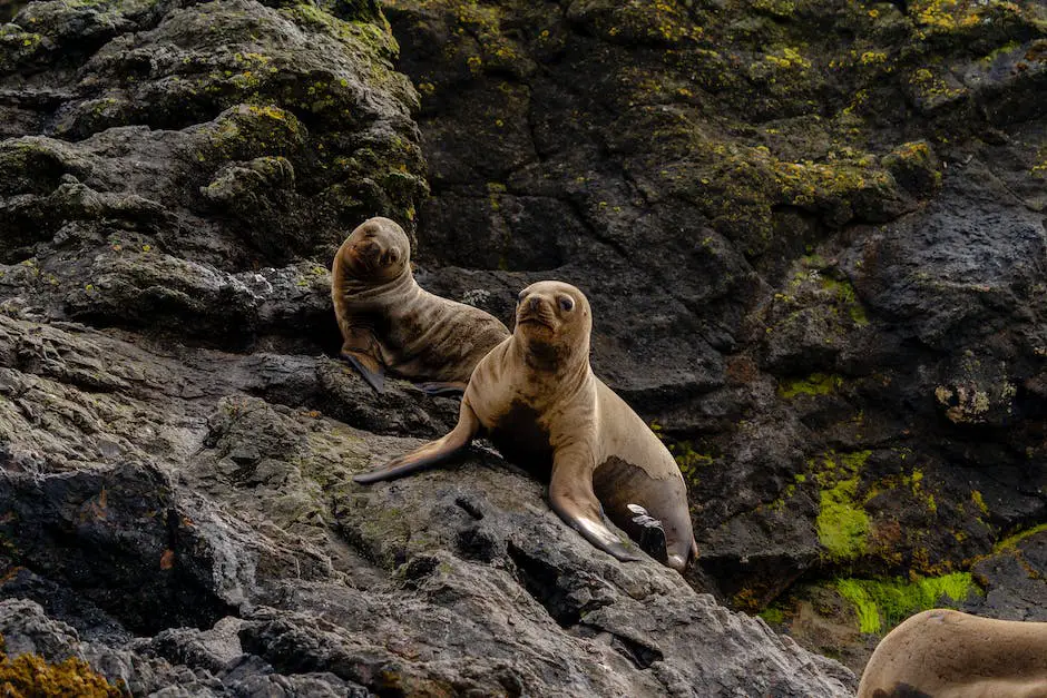A picture of seals and sea lions sunbathing on rocks near the beach.