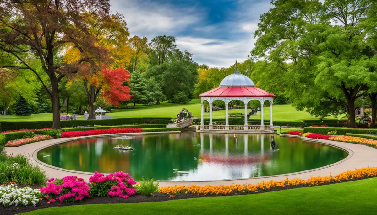 A picturesque view of Pearson Park with lush green lawns, colourful flowers, a large pond with a playful fountain, and a historic bandshell, representing the attractions of the park.