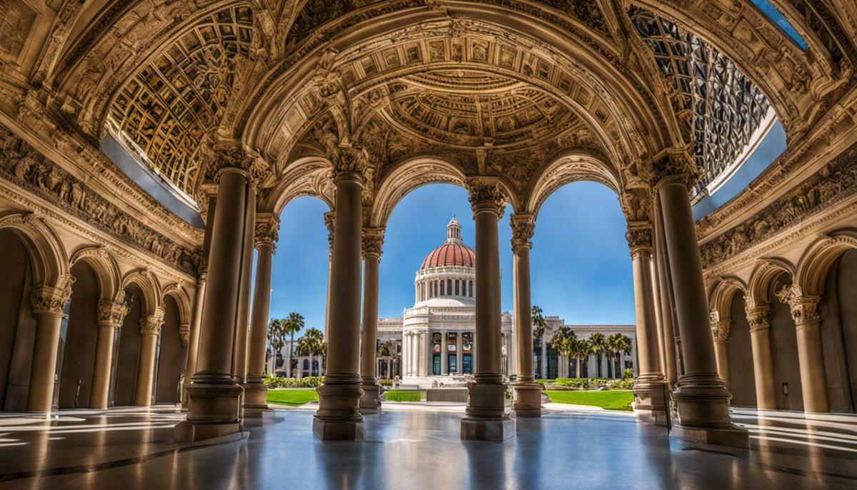 A photo showcasing the architectural style of the San Diego Museum of Art, highlighting the intricate facade and grand rotunda.