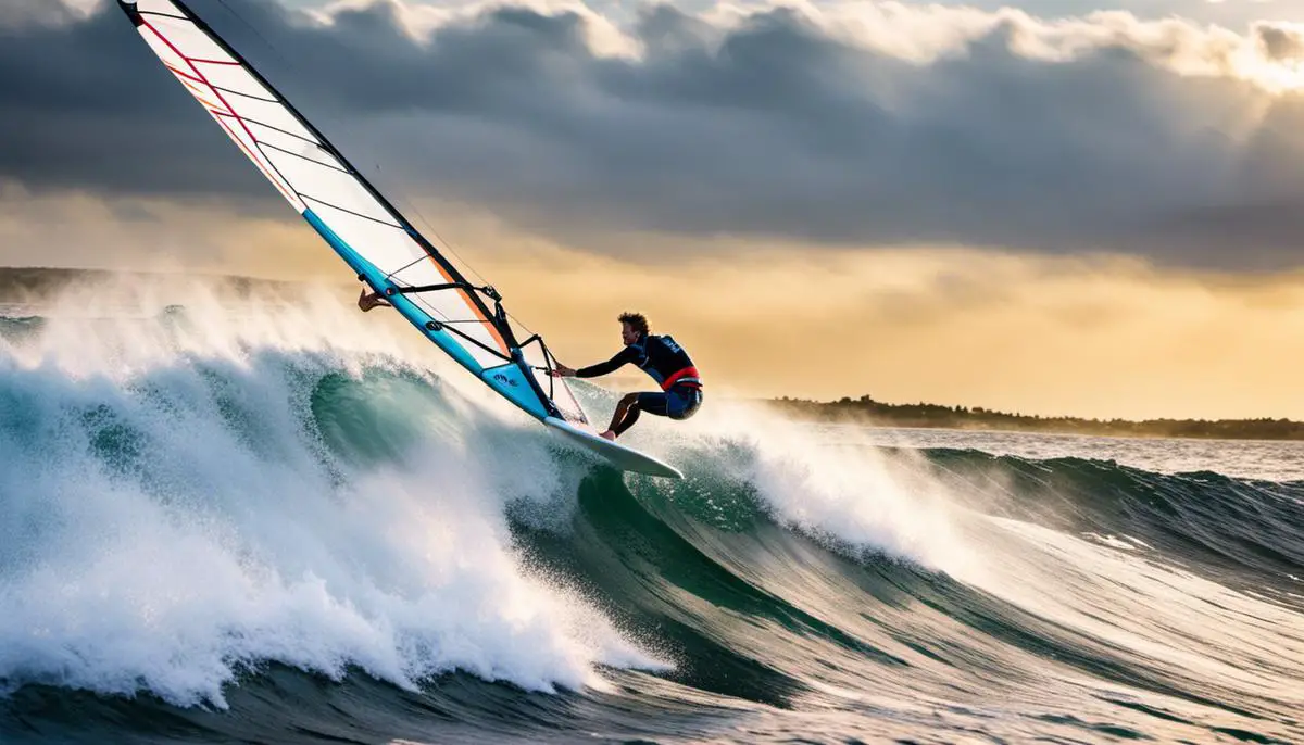 An image of a windsurfer gracefully riding a wave, demonstrating the exhilarating nature of the sport.
