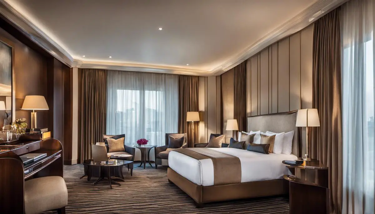 Image of a luxurious hotel room with elegant furniture and local artwork, creating an atmosphere of luxury and sophistication.