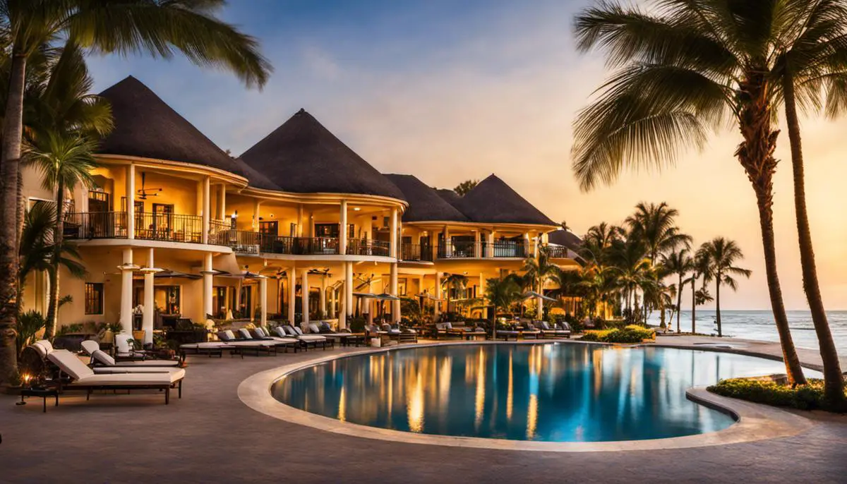 A stunning view of Bahia Resort Hotel situated on a beach with palm trees, showcasing its tropical oasis ambiance.