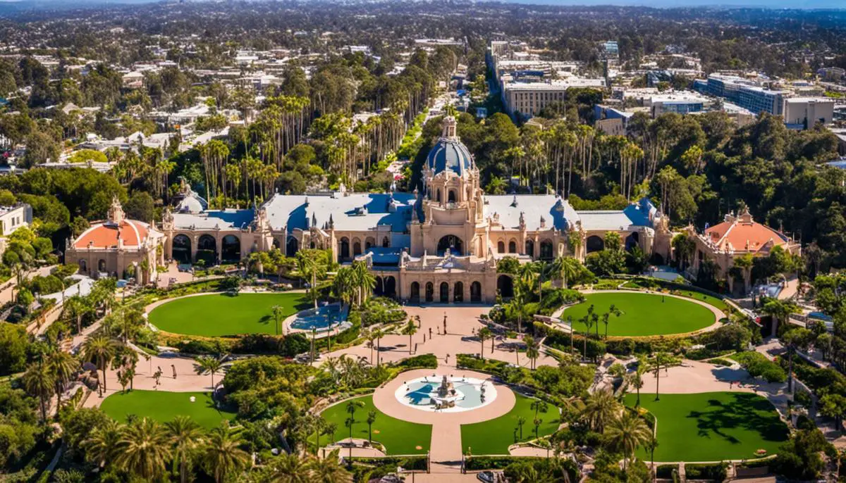 Aerial view of Balboa Park, showcasing its gardens, museums, and outdoor spaces