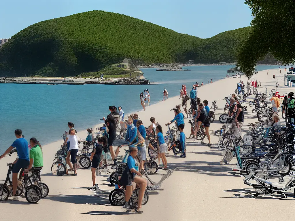A beach scene showing people riding bicycles and electric scooters along the waterfront.
