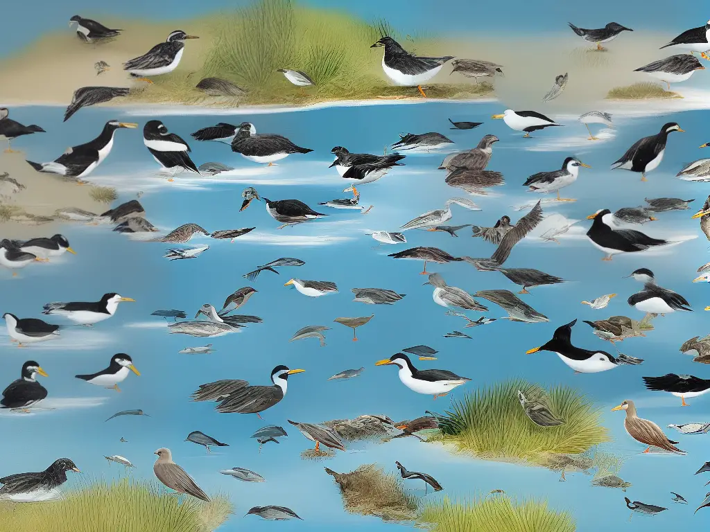 Illustration of different seabirds, shorebirds, and flora found at Blacks Beach