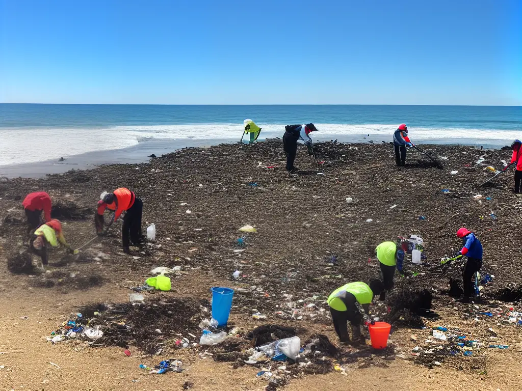 An image of volunteers cleaning up trash on the beach, with the ocean and coastline in the background.