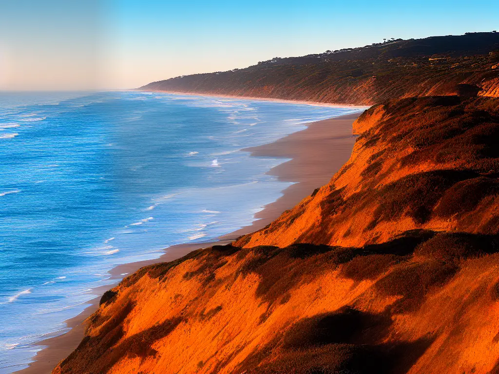 A stunning view of Blacks Beach at sunset, adorned with picturesque Torrey Pines bluffs.