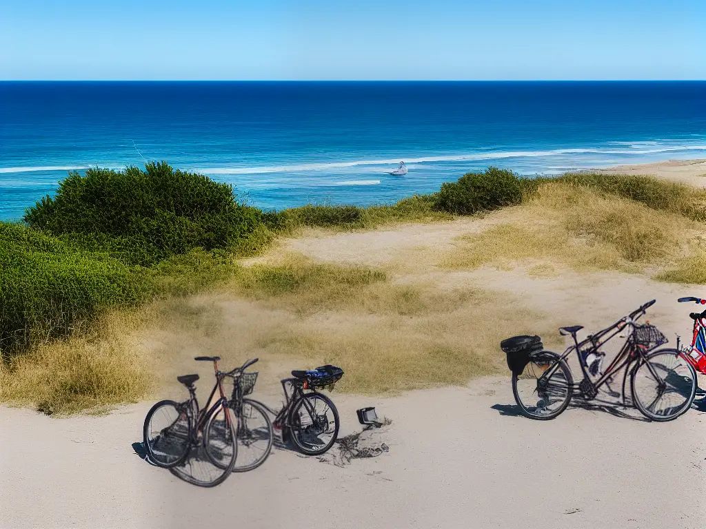A couple bikes parked next to a beach. A woman is riding away from the bikes along the coast, overlooking the ocean horizon