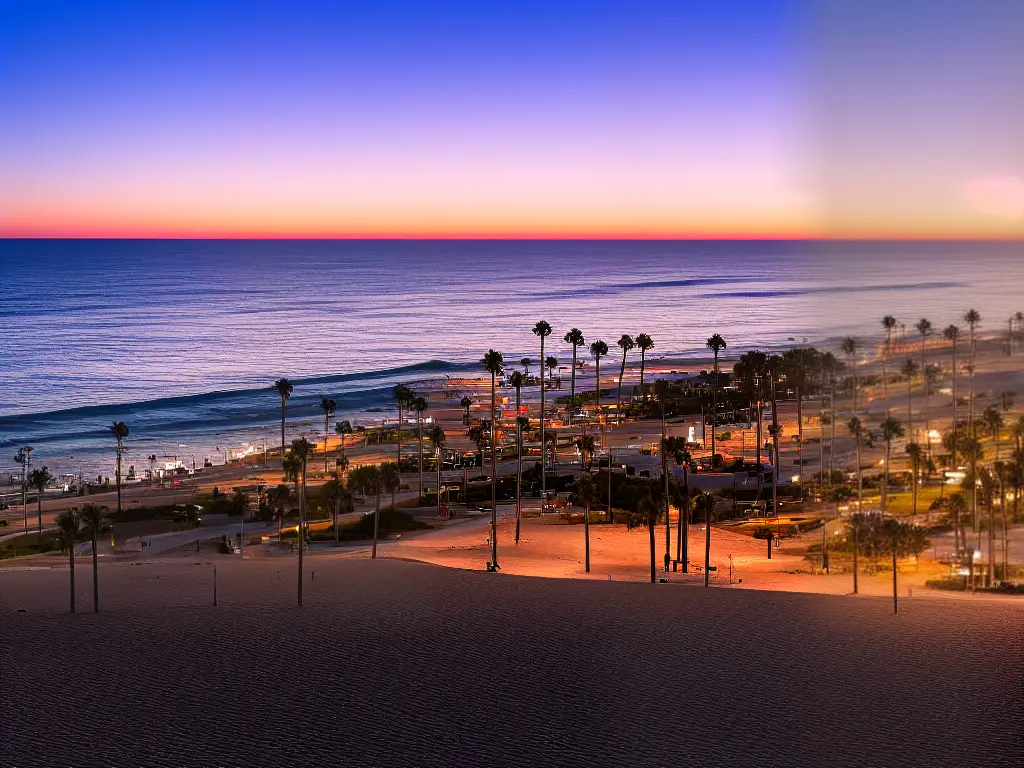 A view of the Pacific Beach Boardwalk with the Pacific Ocean in the background, taken during sunset.