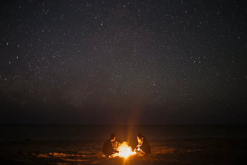 A group of people sitting around a bonfire on a beach at night. A clear view of the stars can be seen above the ocean. The warm colors of the fire contrast with the cool colors of the night sky and ocean.