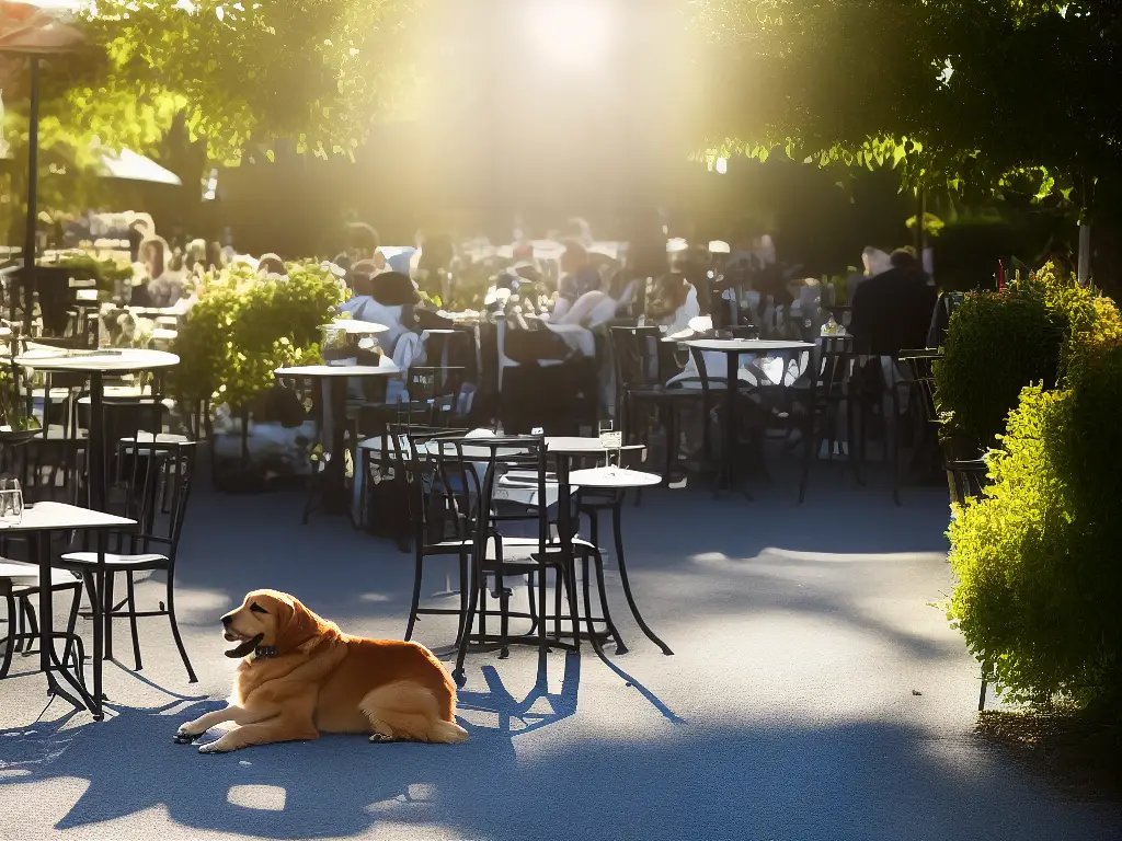 A sunny outdoor café with a dog resting beside an empty chair