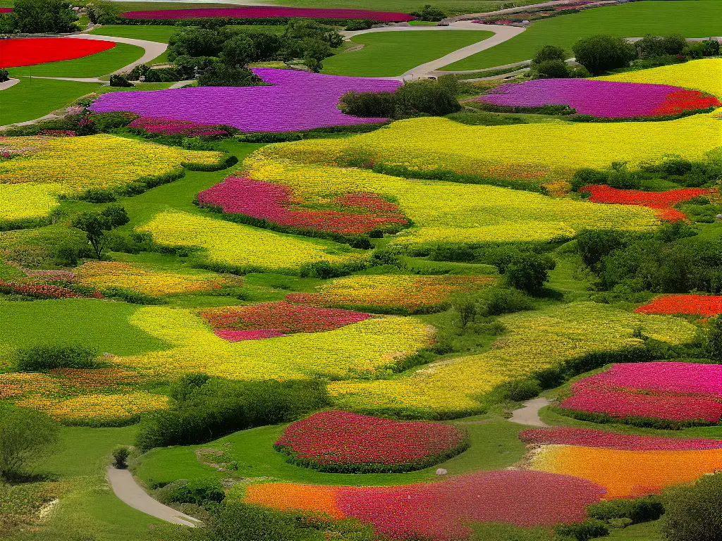 Aerial view of colorful ranunculus flowers in full bloom creating a picturesque landscape at Carlsbad Flower Fields.