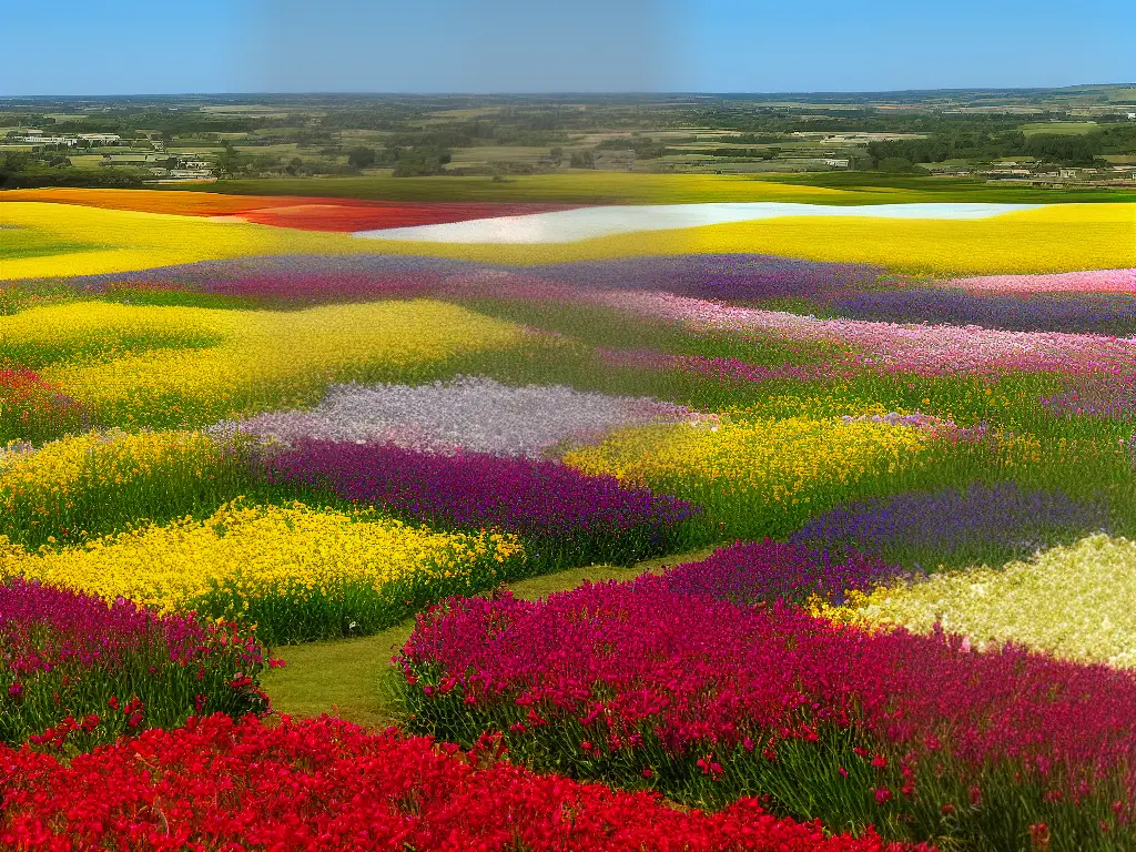 A panoramic view of the Carlsbad Flower Fields, showing colorful flowers blooming throughout the fields.