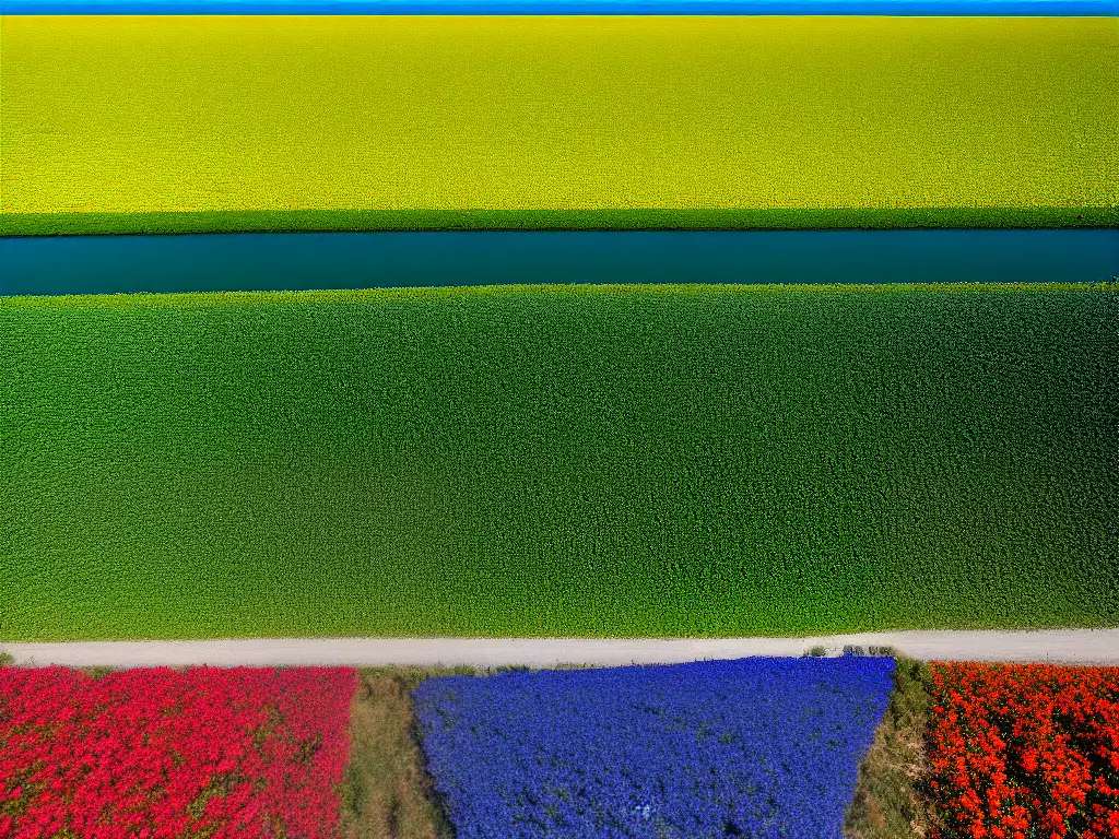 Aerial view of the Carlsbad Flower Fields with rows of colorful blooms against the beautiful blue ocean and clear blue sky
