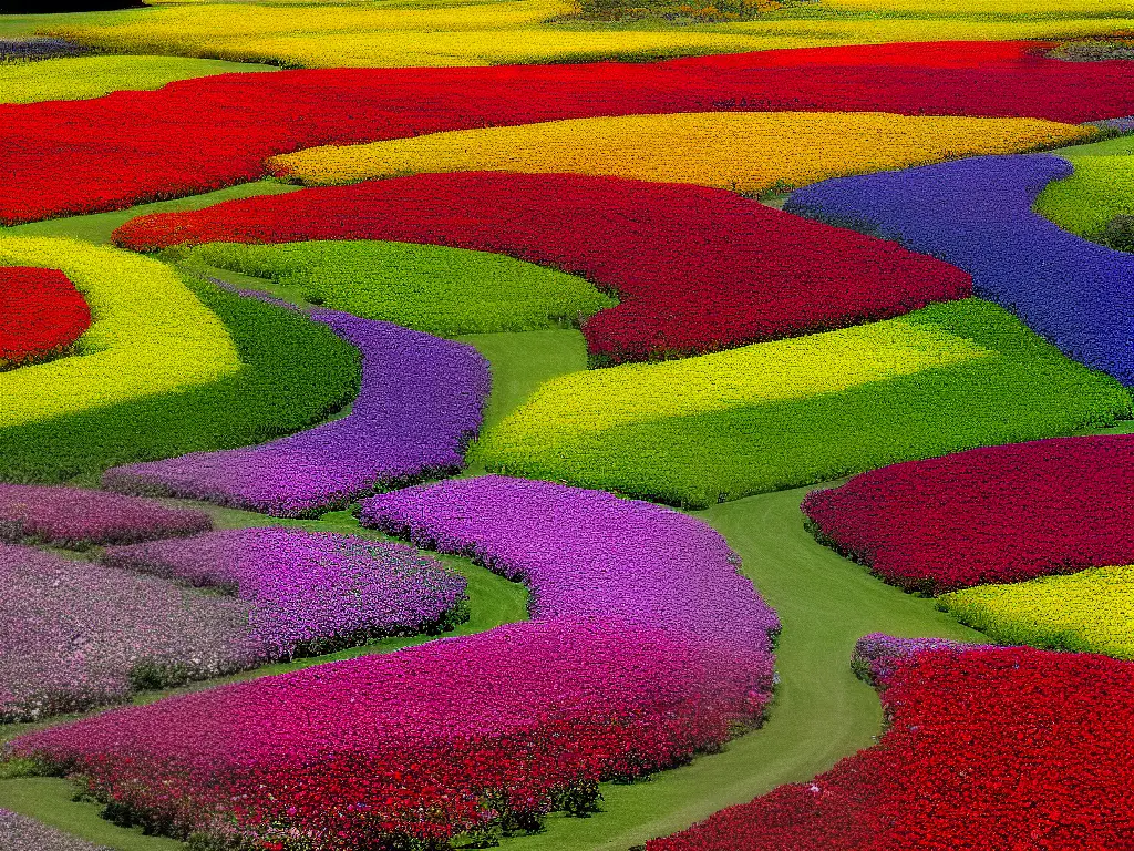 An aerial view of the vibrant multi-colored rows of blooming flowers in the Carlsbad Flower Fields