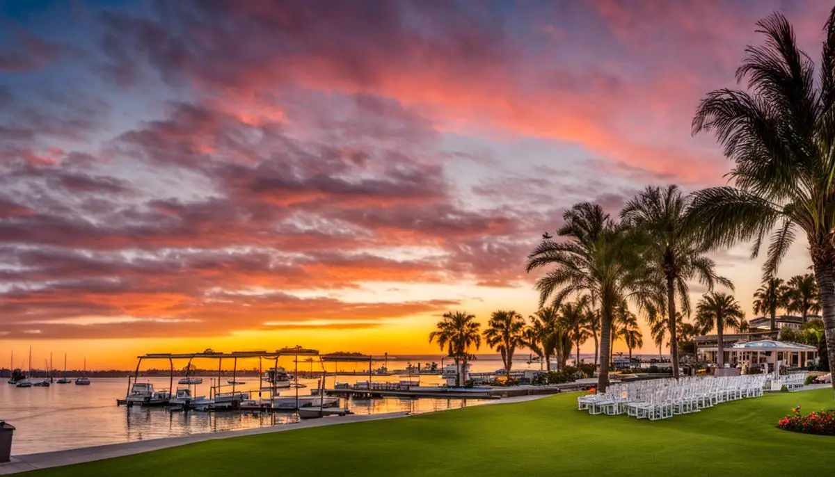 A picturesque sunset view of the Catamaran Resort Hotel and Spa, overlooking Mission Bay in San Diego.