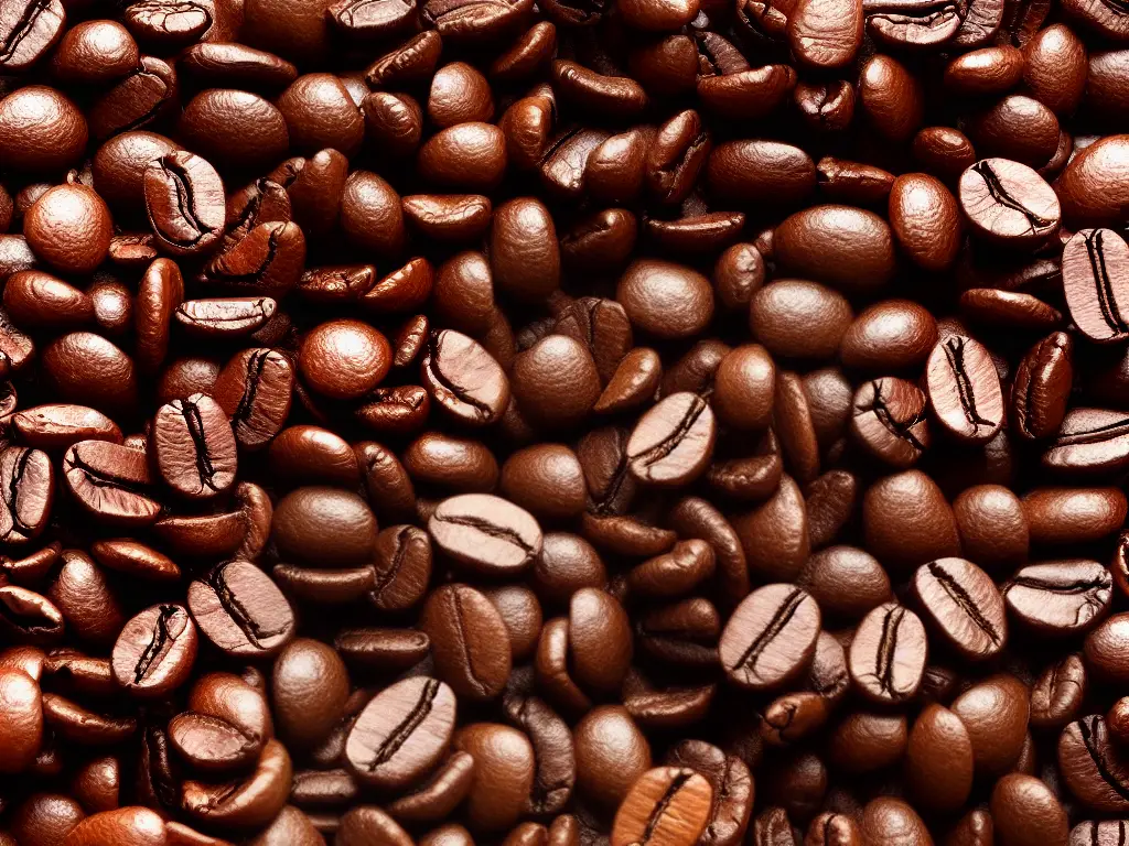 A close-up image of roasted coffee beans in shades of rich browns and dark grays. The beans are of varying sizes and shapes, creating an eye-catching and beautiful texture.