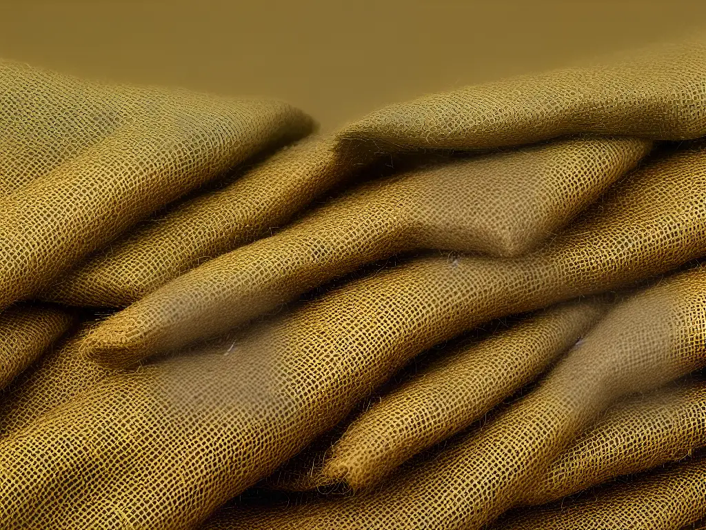 A close-up of green coffee beans in a burlap sack, ready for roasting.