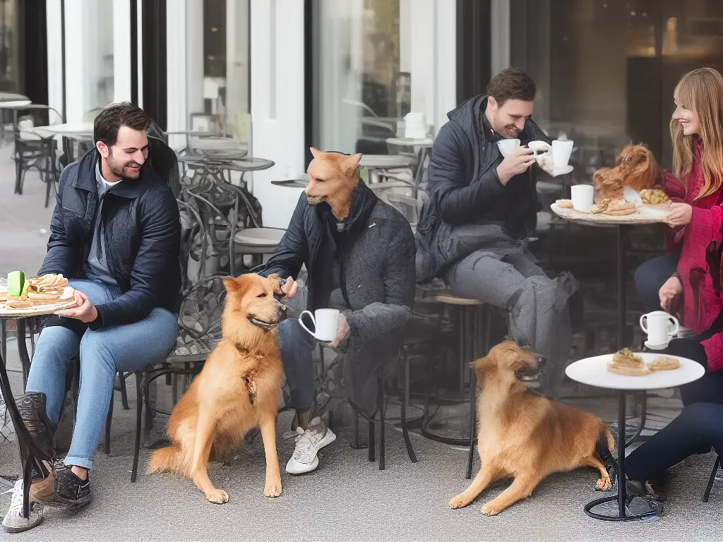Two people sitting outside a cafe with their dogs, enjoying coffee and treats together.