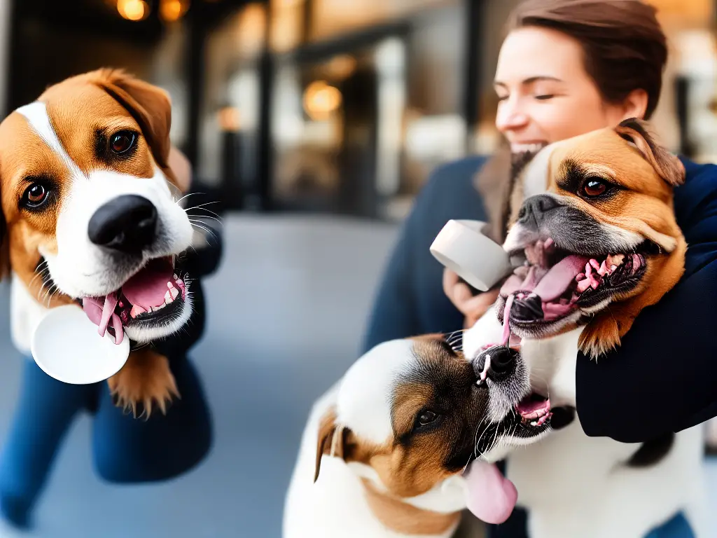 An image of a person holding a coffee mug and a dog holding a toy in its mouth, both with happy expressions on their faces. The background is a coffee shop with other dogs and people in the background.
