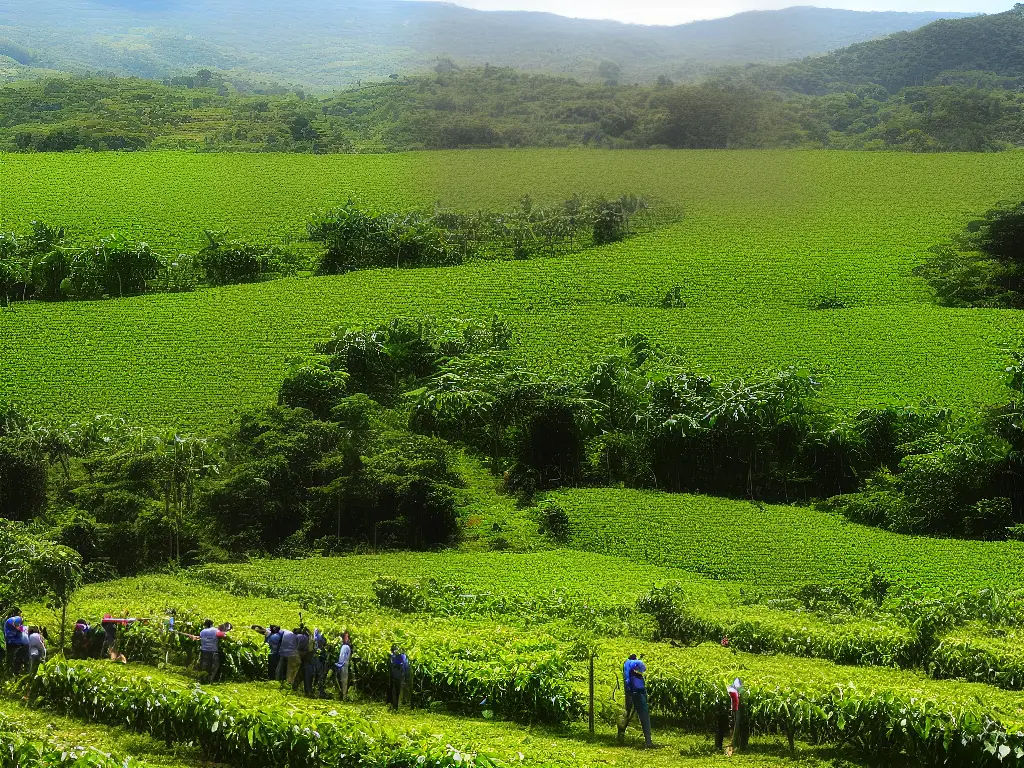 An image of a coffee farm with workers picking coffee cherries under the shade of trees that provide a habitat for different species of birds, with the sun shining on the lush green surroundings.
