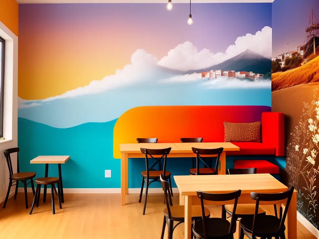 A cup of steaming hot coffee in a cozy coffee shop with a colourful mural on the wall.