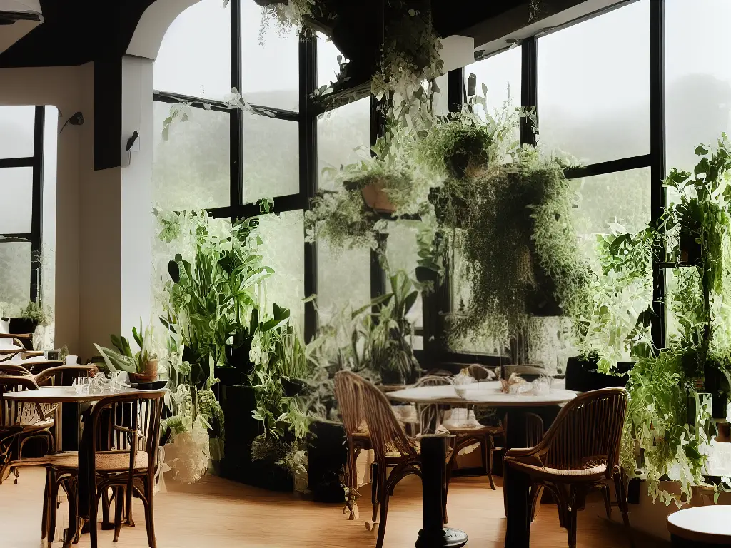An image of a coffee cup on a table inside a cafe with natural light pouring in through a large window at the back with some plants on the table and a part of a wooden chair in the corner. The image makes you feel like having your coffee in a chic cafe with a view.