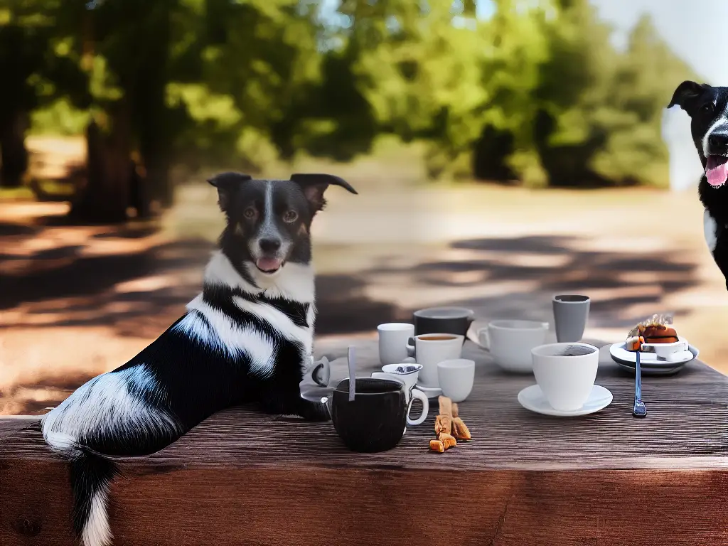A happy dog sitting next to a cup of coffee and treats on a outdoor table