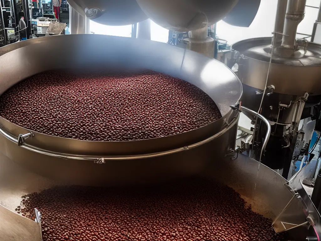 Image of a coffee roasting process. Coffee beans being roasted in a large roasting drum with smoke coming out of it