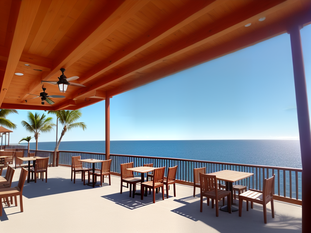 A photo of a coffee shop with outdoor seating overlooking the ocean