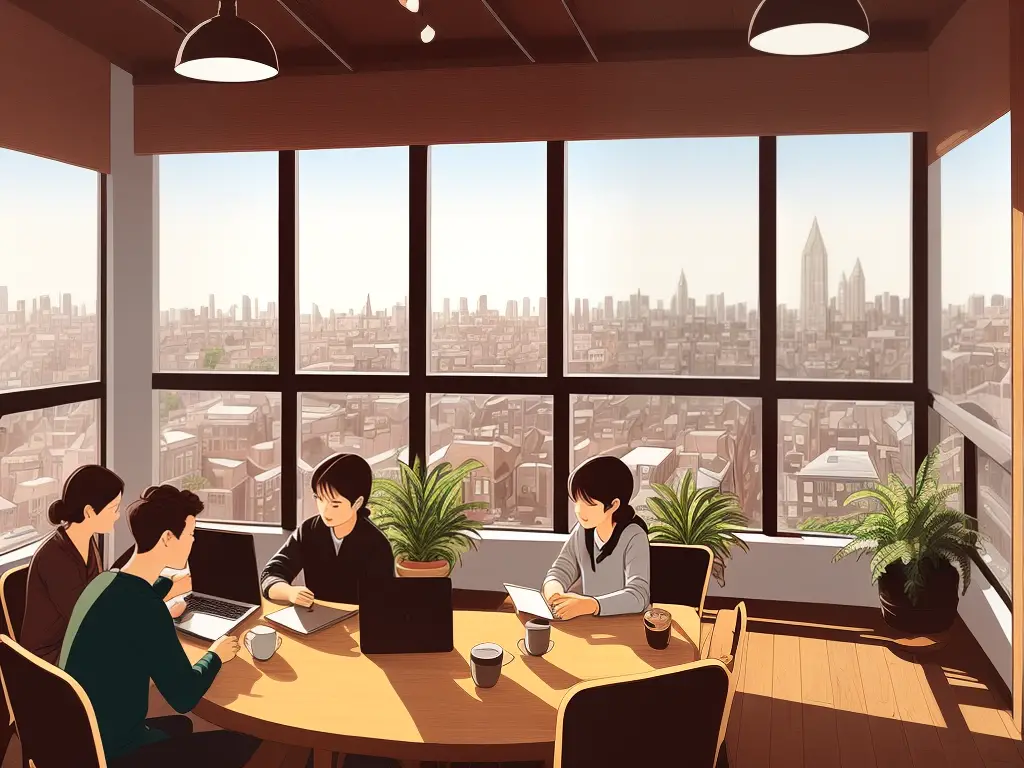 Illustration of a cozy coffee shop with people working on laptops and drinking coffee. The shop has large windows with a view of the city and is decorated with plants and warm lighting.