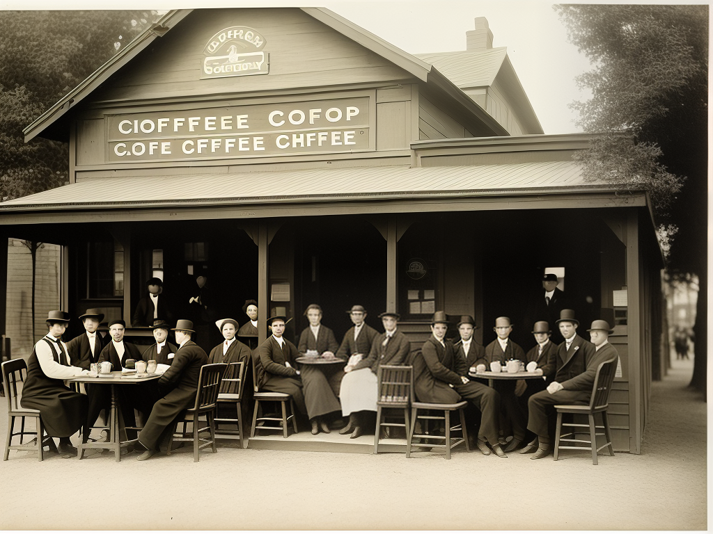 An image of a small coffee shop from the late 1800s with people sitting at tables and drinking coffee.