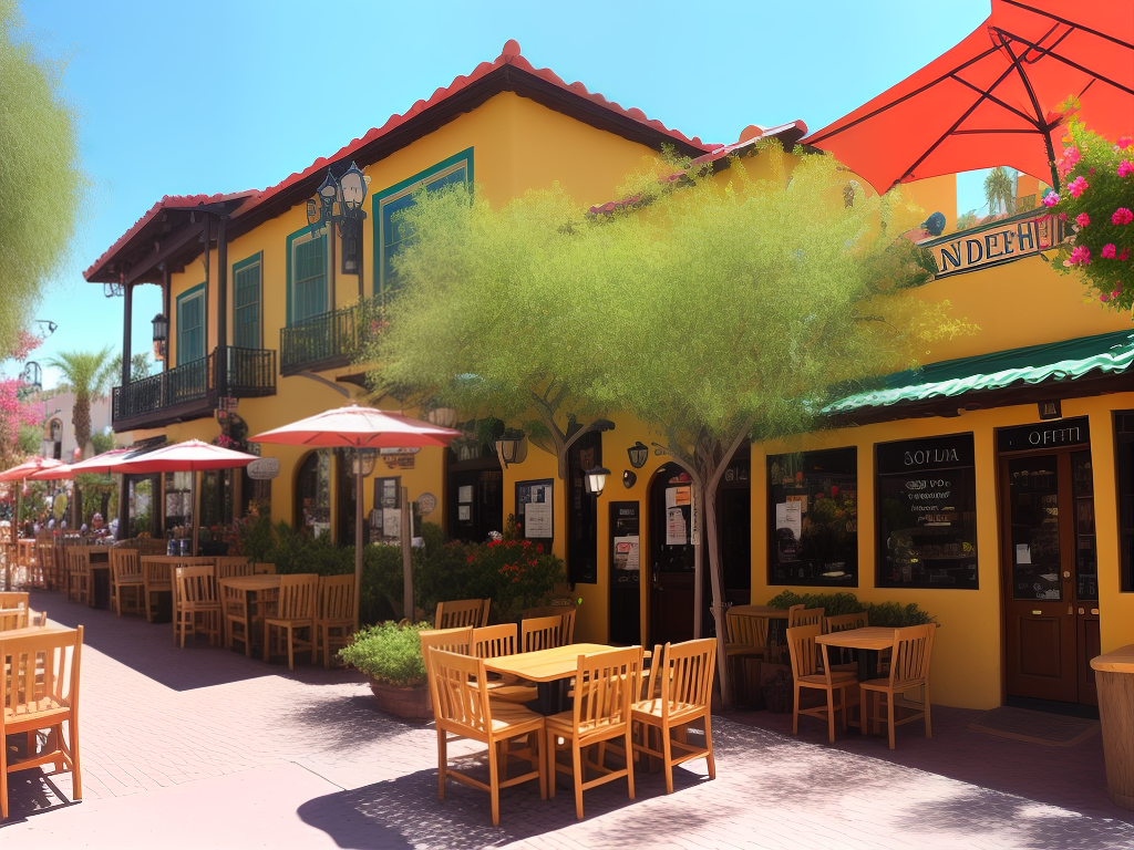 A charming coffee shop in Old Town San Diego with outdoor seating and colorful decor.