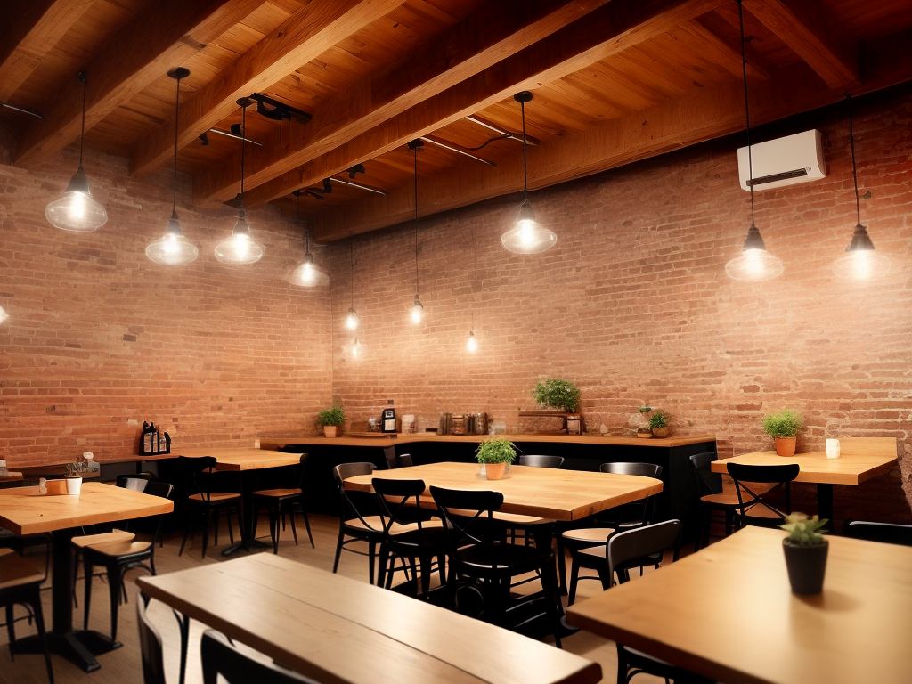 An image of a cozy coffee shop, with exposed brick walls, hanging lights, and wooden tables and chairs.