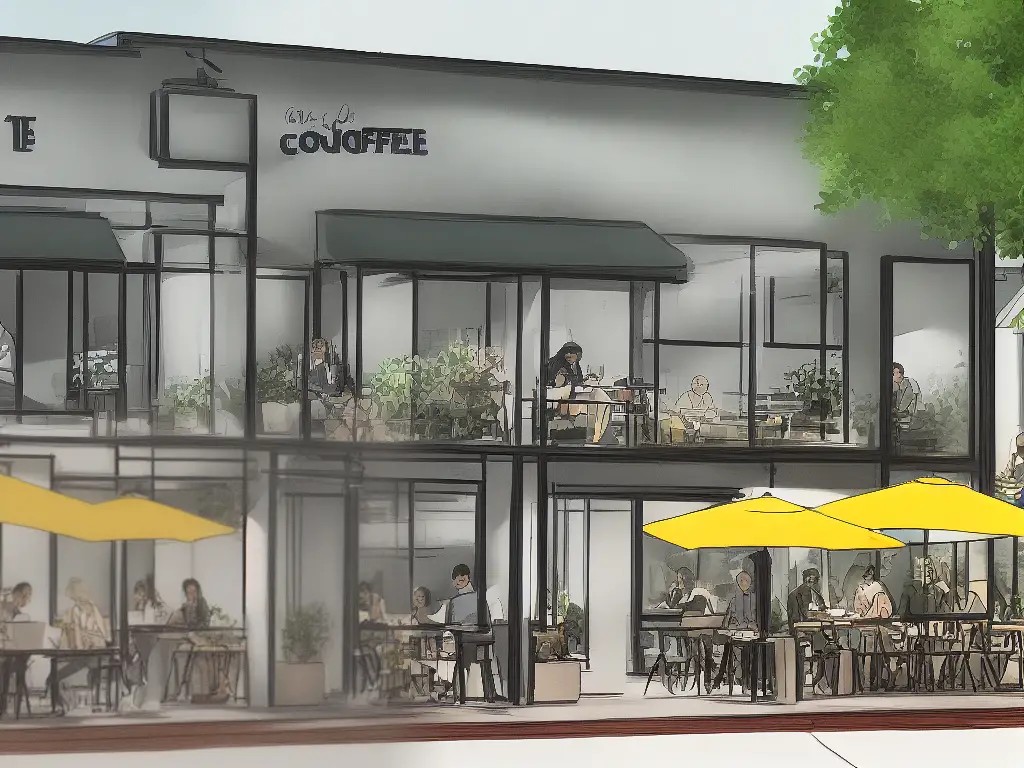 A hand-drawn illustration of a coffee shop in San Diego with outdoor seating and large windows. Three people are shown working inside with laptops and cups of coffee on the table.