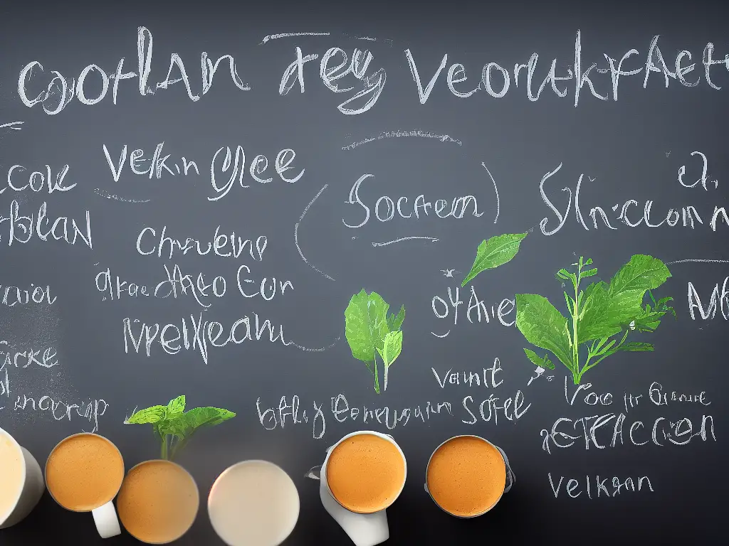 A cartoon image of a coffee shop with a vegan banner and plant-based milk options displayed on a chalkboard menu.