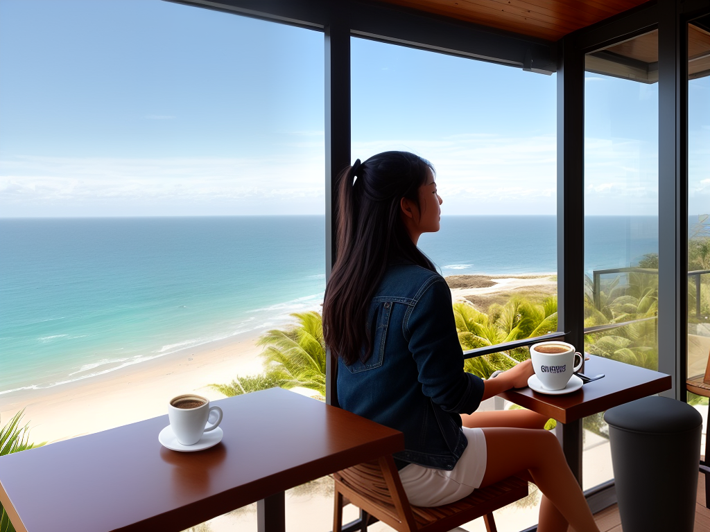 An image of a person sitting outside a coffee shop with a view of an ocean in the background, enjoying a cup of coffee.