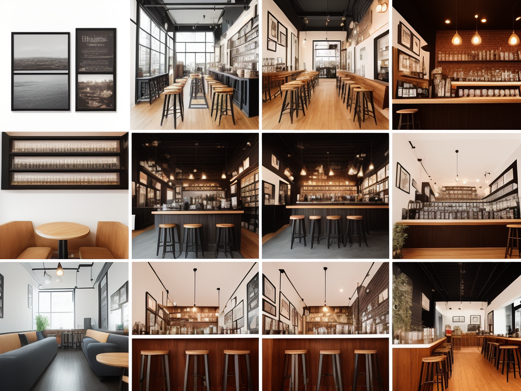 A collage of five images, each showcasing a different coffee shop's unique interior design and drinks.