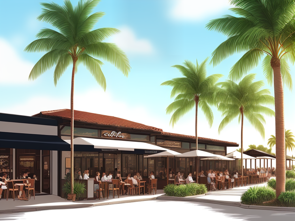 Illustration of the exterior of a coffee shop surrounded by palm trees and other buildings in the background