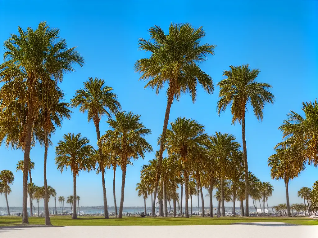 A picture of a serene and scenic beach in Coronado with clear blue skies and palm trees surrounding it.