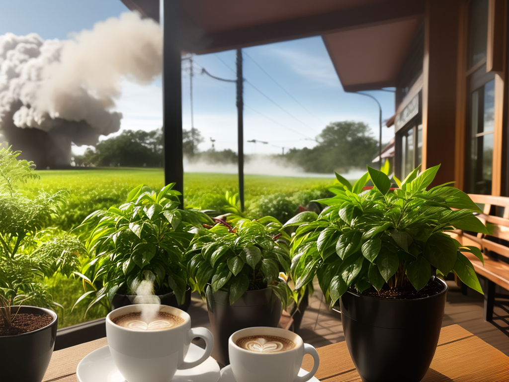 An image of coffee beans with steam rising from the cup in front of a cozy coffee shop with plants and outdoor seating