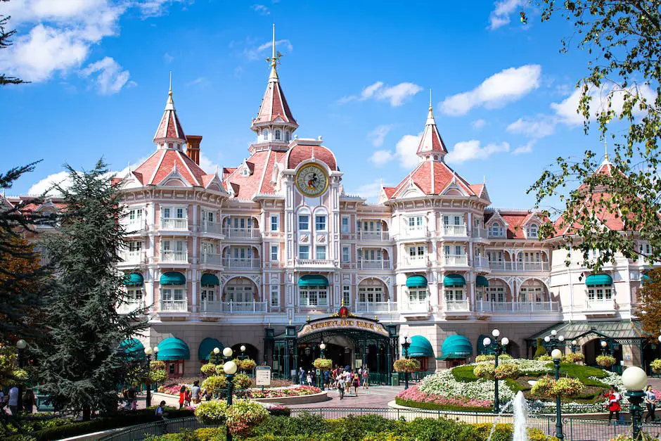 The image shows the Disneyland Hotel, composed of three towers named after a Disneyland Park land, with beautiful palm trees, landscaping, and pools surrounding it.