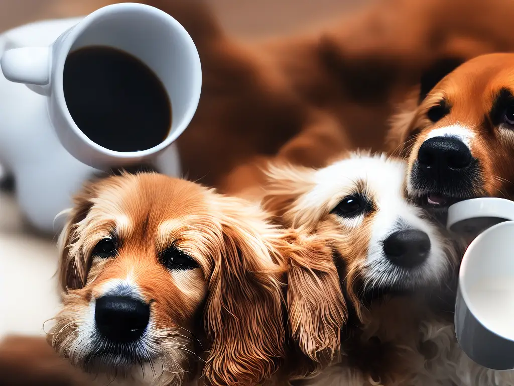 A cartoon image of a dog holding a cup of coffee with a happy expression on its face.