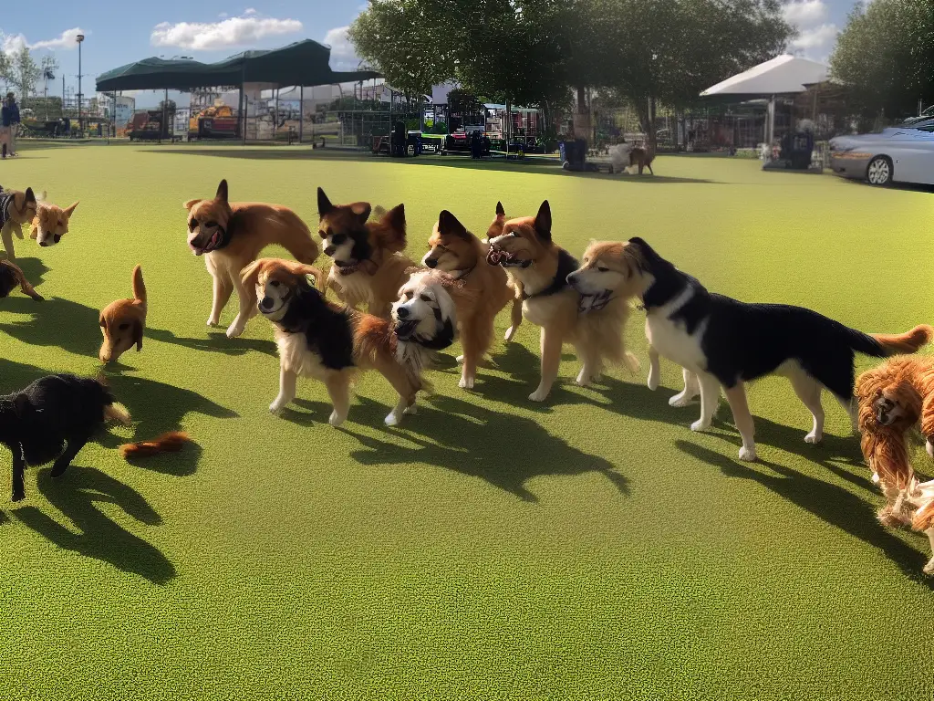 An image of multiple dogs playing around at Canine and Coffee's outdoor pet area