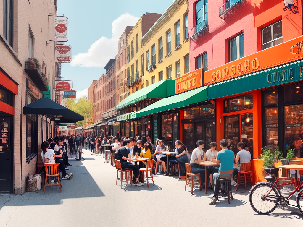 An illustrated image showcasing the various coffee shops mentioned in the article, with lively colors and street art vibes. The image captures the hustle and bustle of East Village's urban energy and the unique character of each coffee shop.