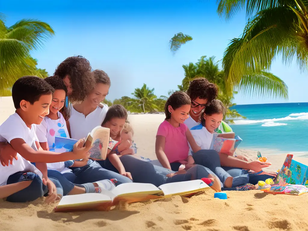 A cartoon image of a family enjoying their time at a resort with a beach on the background. The mother is reading a book, the father is playing with a ball with his children, and there's a dog running around them.