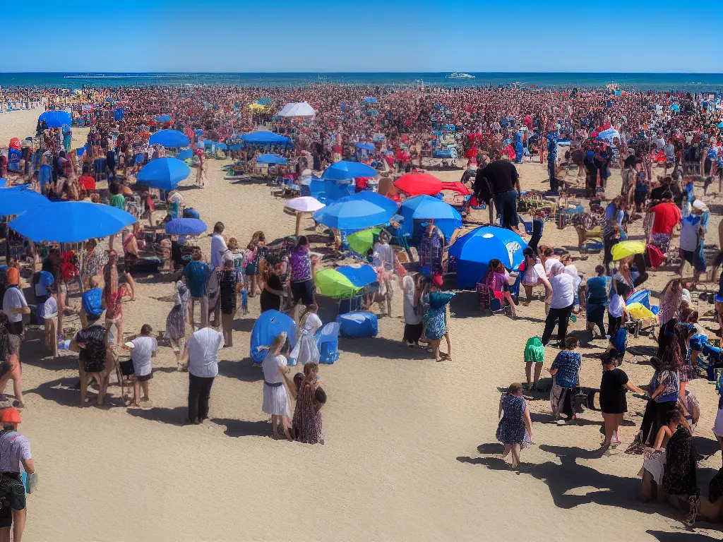 A beach party at Pacific Beachfest with people dancing, eating and playing games by the sea.