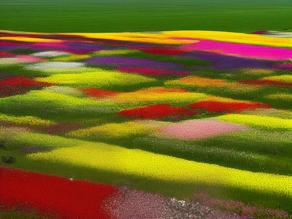 Aerial view of the Carlsbad Flower Fields in full bloom, showing the colorful Giant Tecolote Ranunculus flowers covering the 50-acre field.